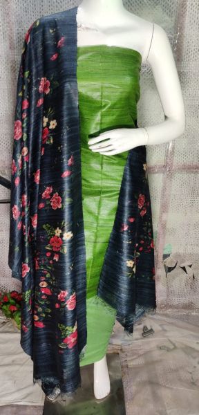 Green Leaf Pure Tussar Ghicha Silk Suit With Digital Print Dupatta From Bihar