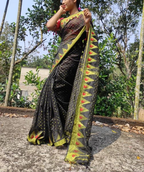 Black Butta Cotton Saree From Bengal