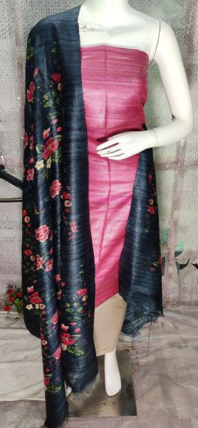 Dark Pink Pure Tussar Ghicha Silk Suit With Digital Print Dupatta From Bihar