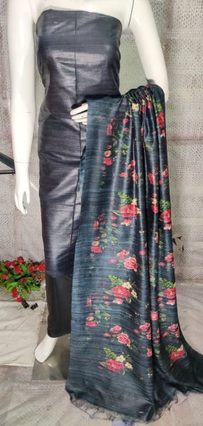 Grey Pure Tussar Ghicha Silk Suit With Digital Print Dupatta From Bihar