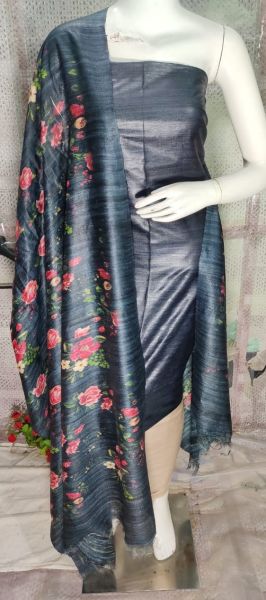 Oslo Grey Tussar Ghicha Silk Suit With Digital Print Dupatta From Bihar