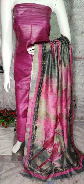 Purple Tussar Ghicha Silk Suit With Digital Print Dupatta From Bihar