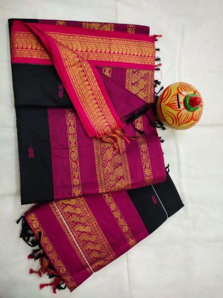 Black Pink Buti Design Pure Handloom Silk Saree