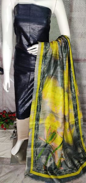 Black Pure Tussar Ghicha Silk Suit With Digital Print Dupatta From Bihar