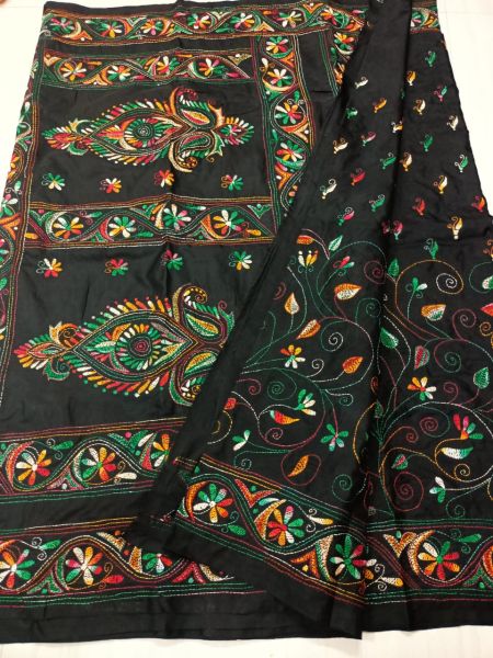 Black Katha stich Pure Handloom Silk Saree