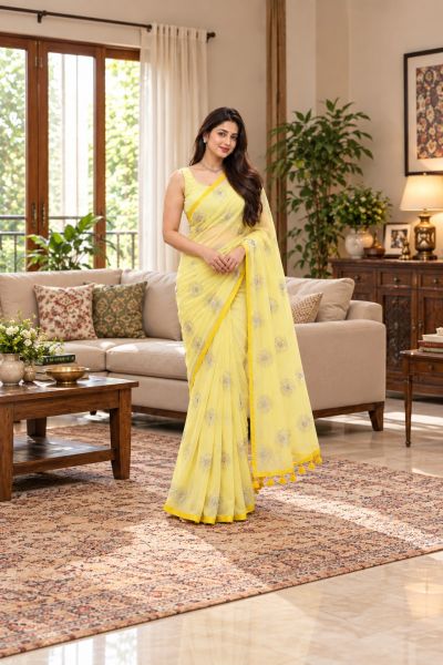 Light Yellow Pure Handloom Mulmul Cotton Saree From Bengal