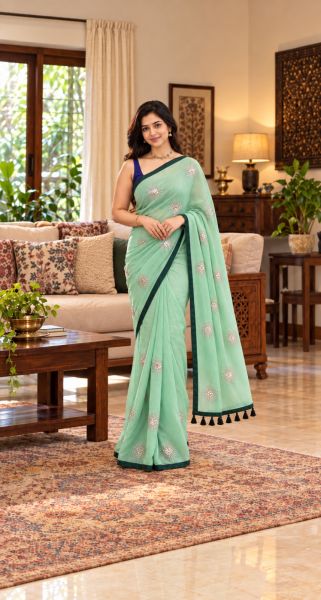 Mint Green Pure Handloom Mulmul Cotton Saree From Bengal