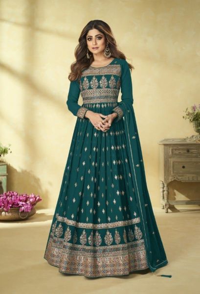 Green Long Gown Faux Georgette Multi Thread And Sequence Embroidery Work With Faux Georgette Dupatta