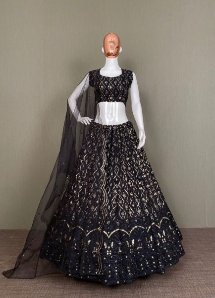 Black Designer Wear Georgette Lenenga Sequence Embroidery Work With Net Dupatta