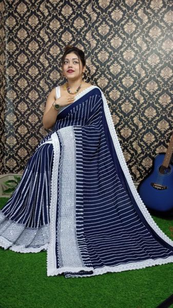 Navy Blue Stripes Design Pure Handloom Rayon Saree