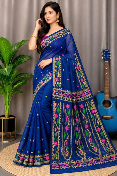 Royal Blue Pure Handloom Saree From Bengal