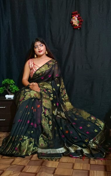 Black Mango Silk Cotton Handloom Saree From Bengal
