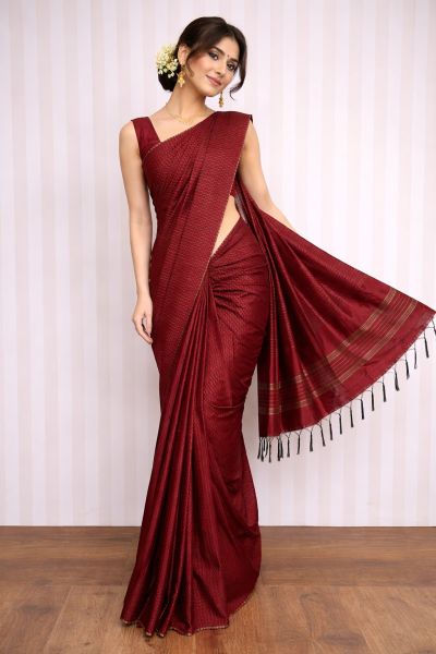 Maroon Kantha stitch Silk saree With Dobi Weaving Design