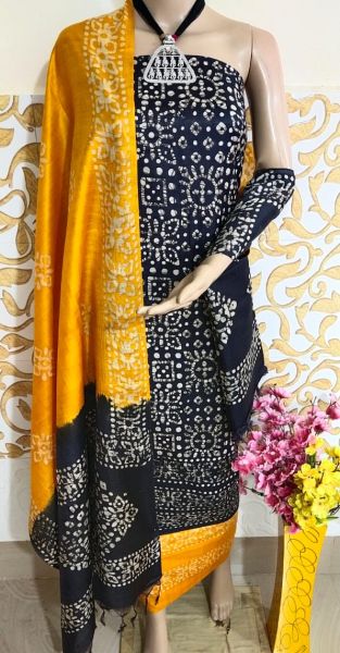 Black With Yellow Dupatta Batik Printed Katan Slub Silk Suit Material From Bhagalpur