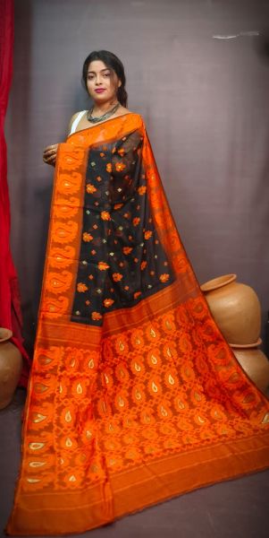 Black Orange Leaf Design Pure Handloom Dhakai Jamdani Saree