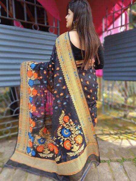 Black Gold Flower Dhakai Jamdani Cotton Saree From Bengal