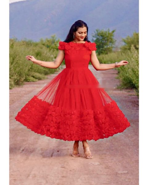 Red Gown Flower Design With Net Dupatta