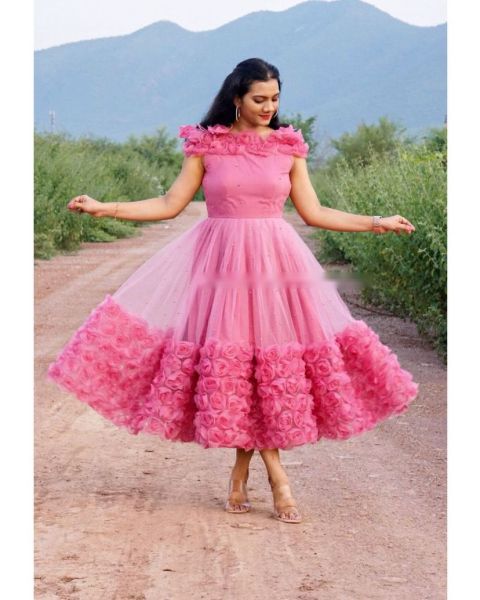 Pink Gown Flower Design With Net Dupatta