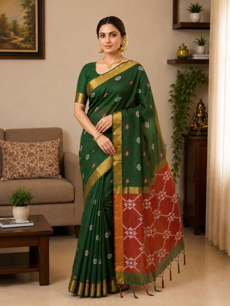 Emerald Green Pure Handloom Linen By Linen Saree From Bengal