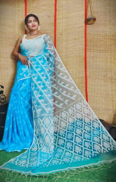 Sky Blue Flower Design Pure Handloom Resham Cotton Saree