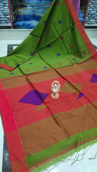 Mehndi Green Red Kite Design Pure Handloom Cotton Saree