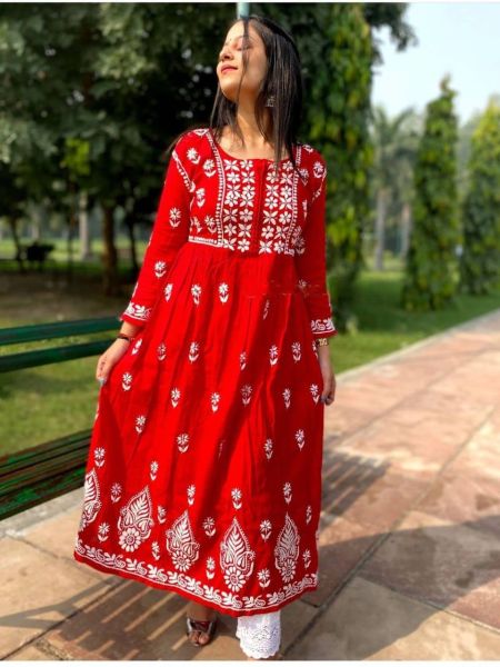Red Kurtis Reyon Cotton Embroidery Work