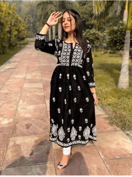Black Kurtis Reyon Cotton Embroidery Work