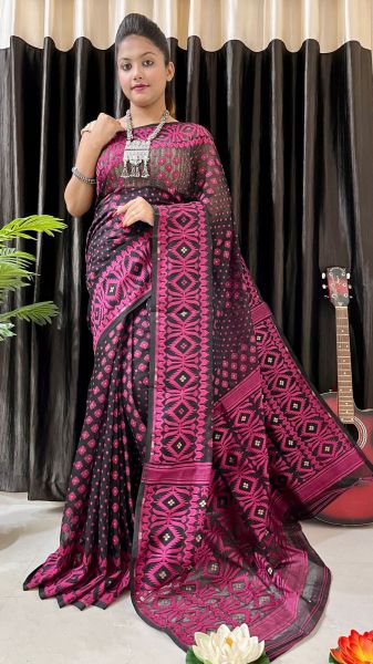 Black Pink Buti Design Pure Handloom Dhakai Jamdani Saree