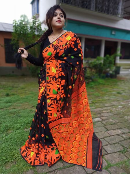 Black Orange Elephant Design Pure Handloom Soft Dhakai Jamdani Saree