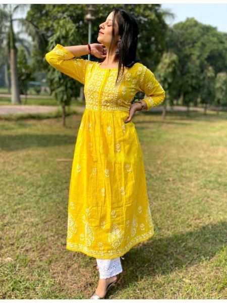 Yellow Kurtis Reyon Cotton Embroidery Work