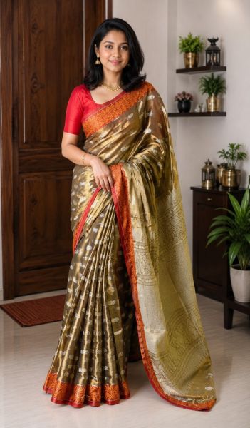 Olive Green Pure Handloom Tissue Cotton Saree From Bengal
