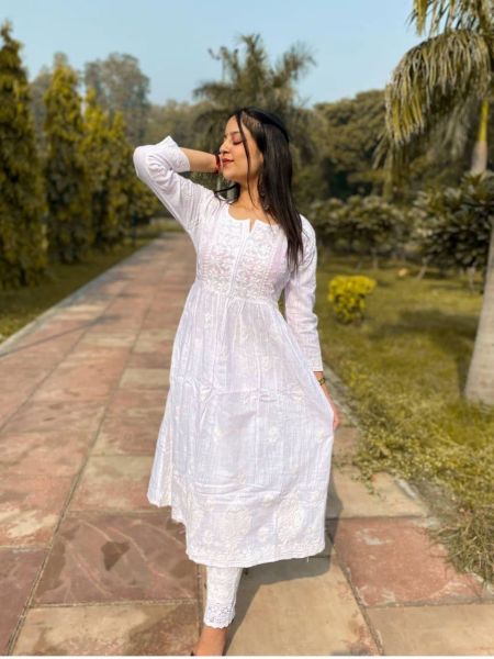 White Kurtis Reyon Cotton Embroidery Work