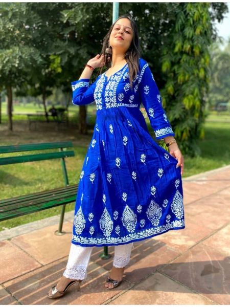 Blue Kurtis Reyon Cotton Embroidery Work