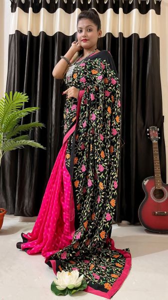 Black Pure Handloom Cotton Flower Design Saree