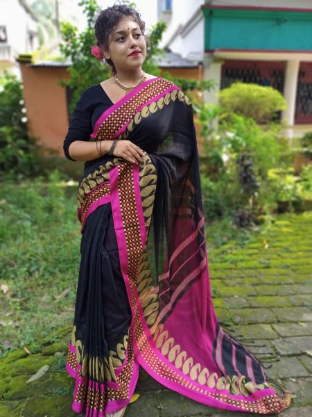 Black PinkMango Handloom Cotton Saree From Bengal