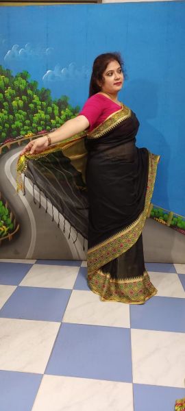 Black Plain Body Cotton Saree From Bengal