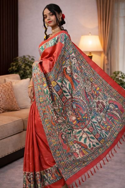 Red Authentic Bhagalpur Handwoven Tussar Silk Madhubani Art Saree Premium Silk Mark Certified Saree