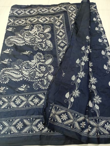 Black Katha stich Pure Handloom Silk Saree