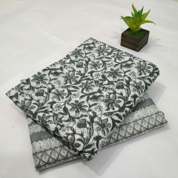 White Grey Hand Block Printed Cotton Kurti And Pant