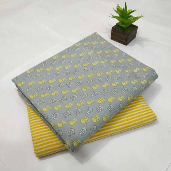 Grey Yellow Hand Block Printed Cotton Kurti And Pant