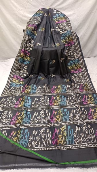 Black Block Printed Pure Handloom Pure Katan Silk