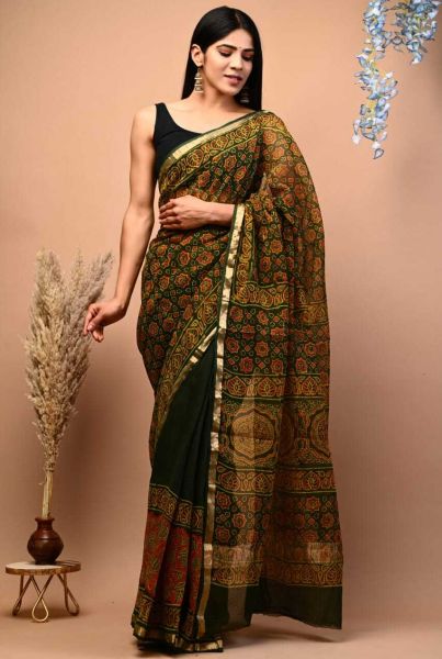 Black Kota Doria Cotton Printed Saree