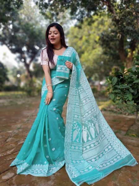 Aqua Blue Pure Handloom Dhakai Jamdani Saree From Bengal