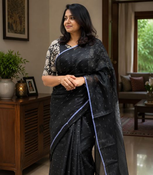 Black Pure Handloom Linen By Linen Saree From Bengal