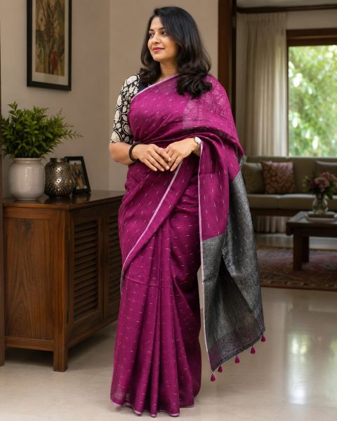 Magenta Pure Handloom Linen By Linen Saree From Bengal