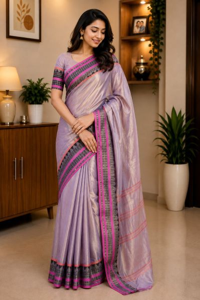 Light PurplePure Handloom Tissue Cotton Saree From Bengal