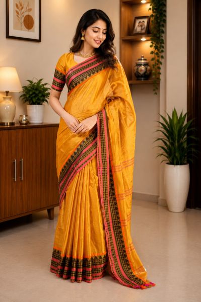 Bright Gold Pure Handloom Tissue Cotton Saree From Bengal
