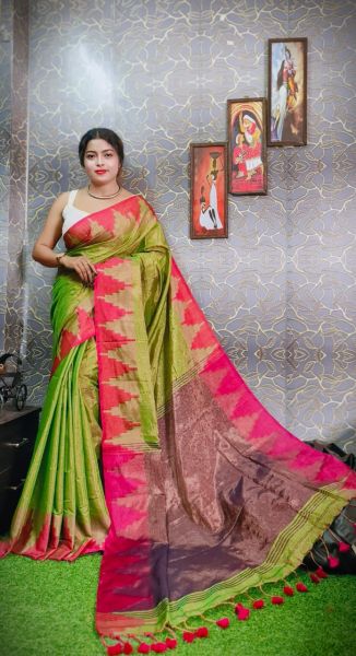 Green Red Pure Handloom Dhakai Jamdani Saree from Bengal