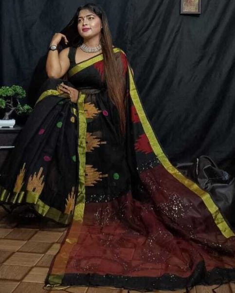 Black Dhakai Jamdani Resham Muslin Sequence Zari Boder Saree