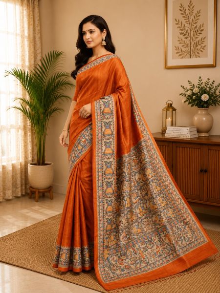 Orange Graceful Women Madhubani Pure Handloom Tassar Silk Saree